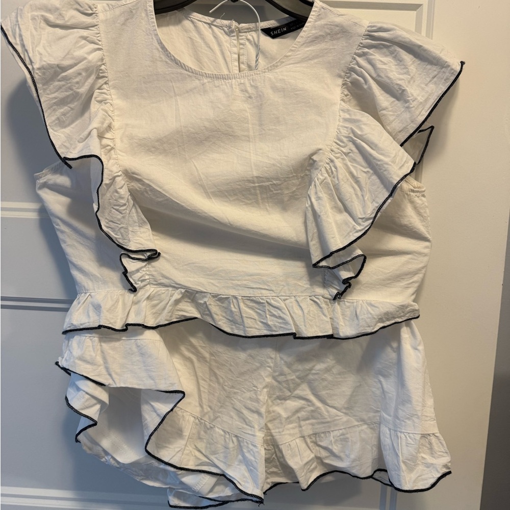 Zara White Ruffled Blouse with Black Trim